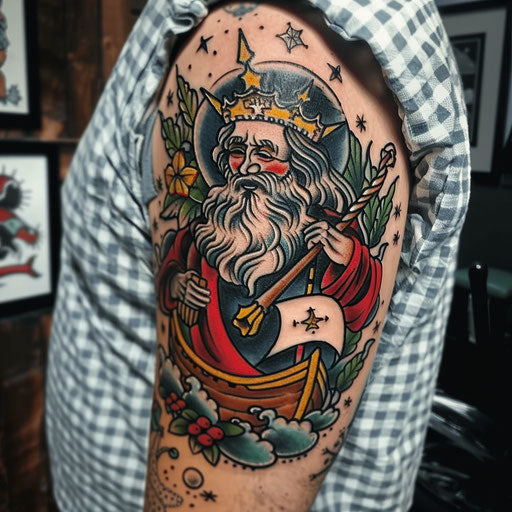 Divine tattoo with nautical motifs, Sailor Jerry style