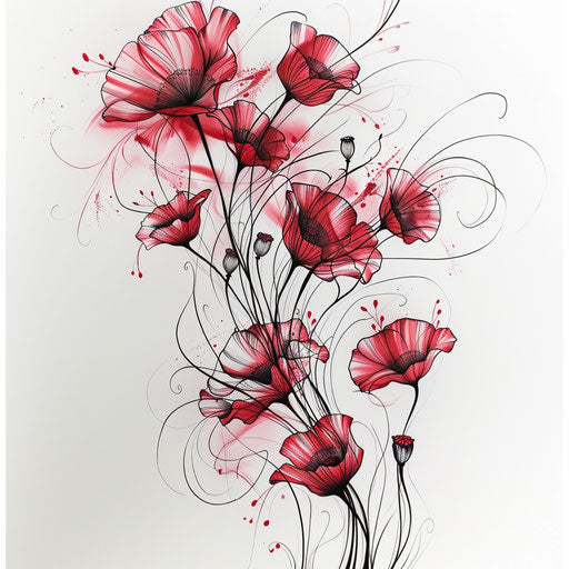 Cascade of poppy flowers in tattoo design on white canvas