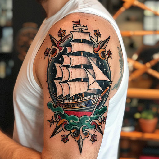 Classic nautical-themed shoulder tattoos for men