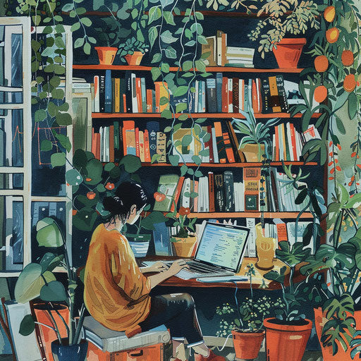 Working on a laptop surrounded by books and plants