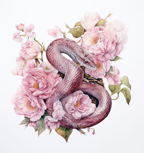 Watercolor painting of an old school style serpent and blossoms