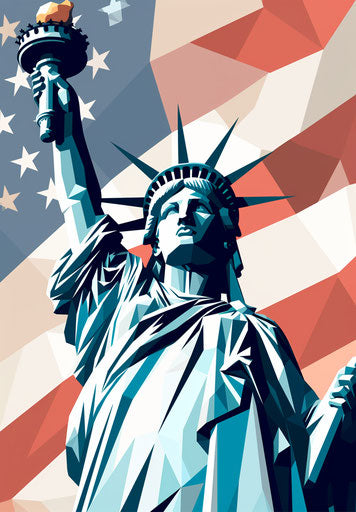 The statue of liberty in front of an american flag