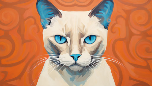 Siamese cat with orange and white fur, blue eyes, dark beige and magenta style