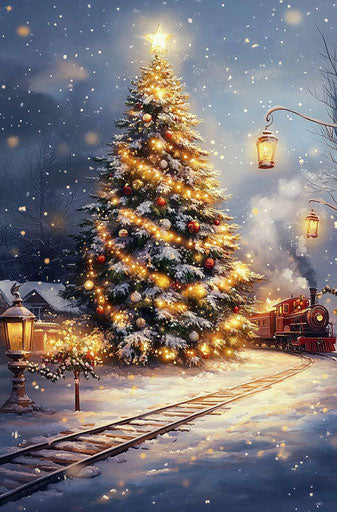 Christmas tree with lights, train on tracks, and lanterns in Thomas Kinkade style