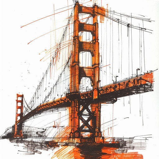 Drawing of a Golden Gate Bridge tattoo in orange and black on white