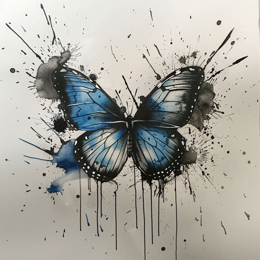 Blue butterfly with black and grey ink splatters