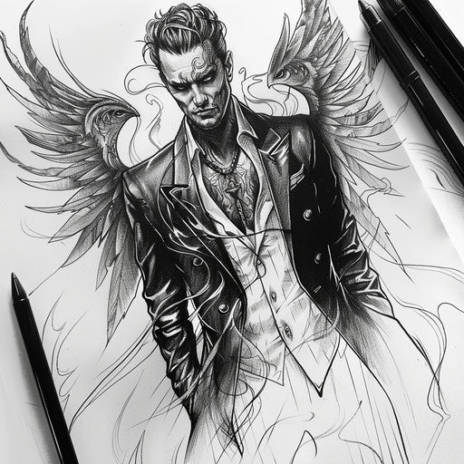 Stylish tattoo sketch of Lucifer with chic attire and enigmatic look