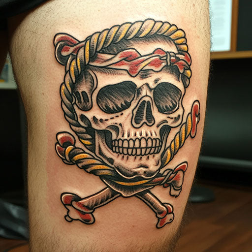 Skull tattoos for men with a skull and crossbones wrapped in nautical ropes, in the style of Sailor Jerry