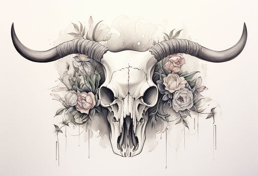 Bull skull with flowers and thorns, classic tattoo style