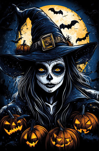 Beautiful witch with sugar skull makeup and black hair