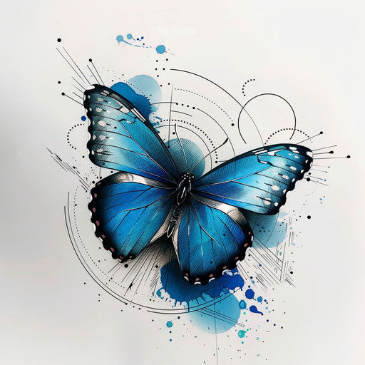 Flat zen tattoo sketch of a blue butterfly with minimalist zen circles and soft gradients