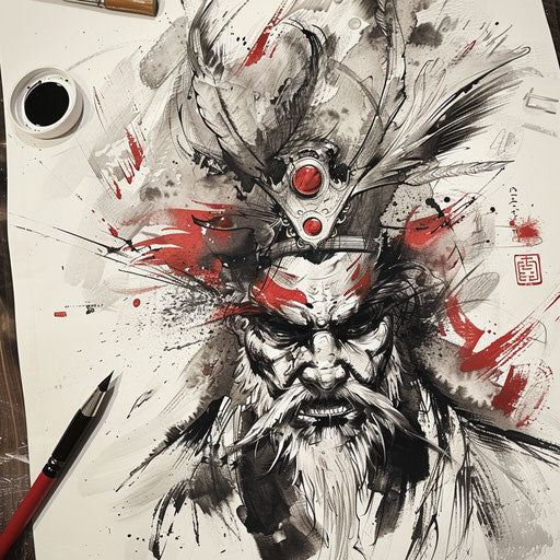 Impressionistic tattoo sketch of a Tengu with loose expressive paintwork