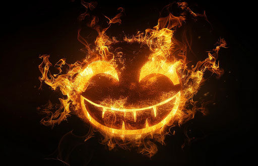 Smiling face with flames on black background