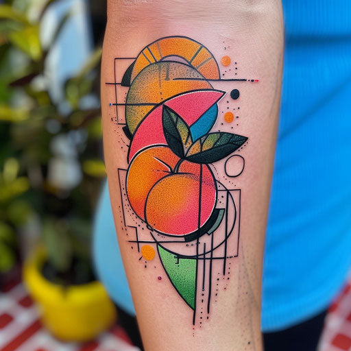 Modern drawing of a peach with geometric shapes and bright colors