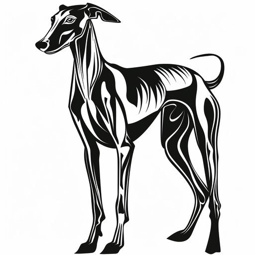 Sleek clipart style flat tattoo sketch for a dog outline tattoo with a chic Greyhound in a monochrome silhouette