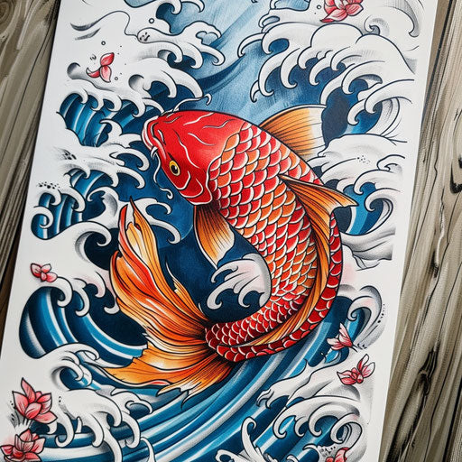 Koi fish swimming upstream in colorful waves