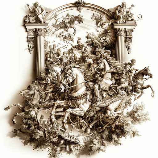 Roman chariot race in detailed sepia tattoo