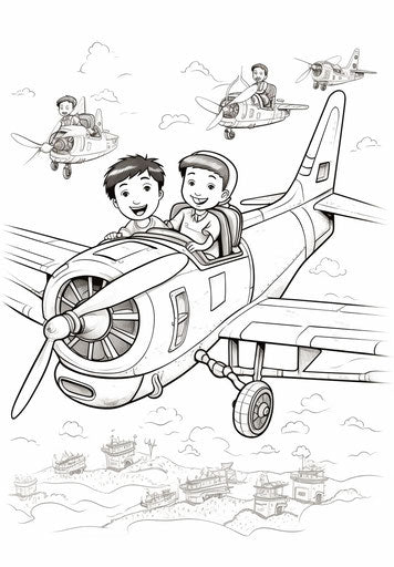 Flying plane coloring pages in comic art style
