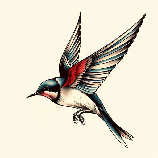 Retro-Style Swallow Tattoo Design with Vintage Colors and Shading, Displayed on a White Background for Contrast