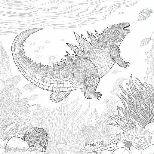 Godzilla swimming underwater with marine life around. Coloring book page
