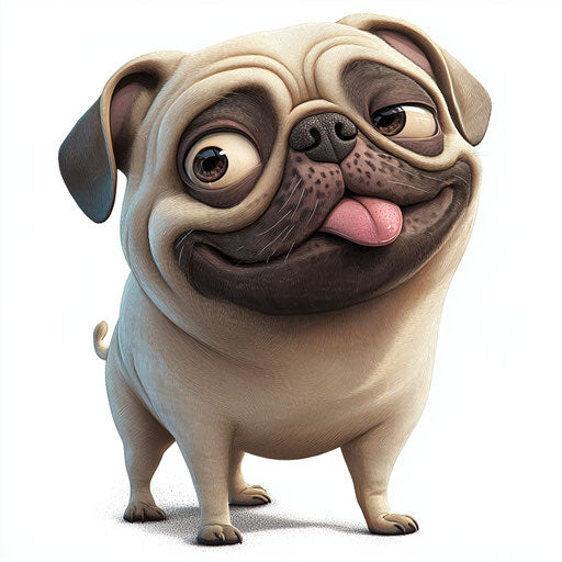 Humorous caricature of a pug with human characteristics