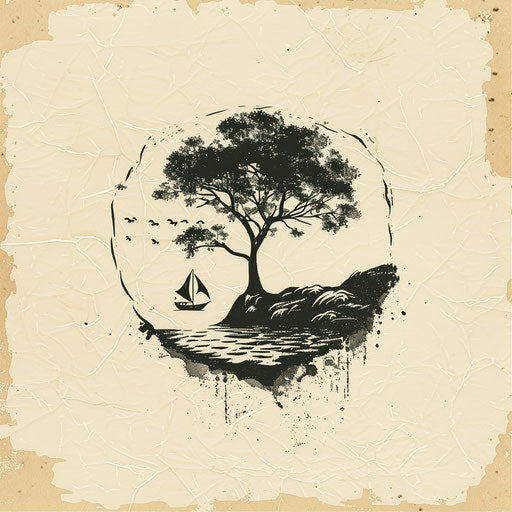 Hand-drawn print logo with a natural texture background, artistic elements