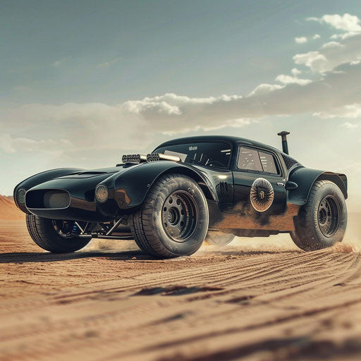 Vintage Shelby Daytona hotrod with oversized tires and supercharged engine, roaring through a desert landscape.