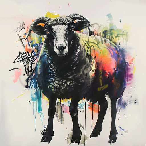 Vibrant urban black sheep tattoo inspired by graffiti art, on white backdrop