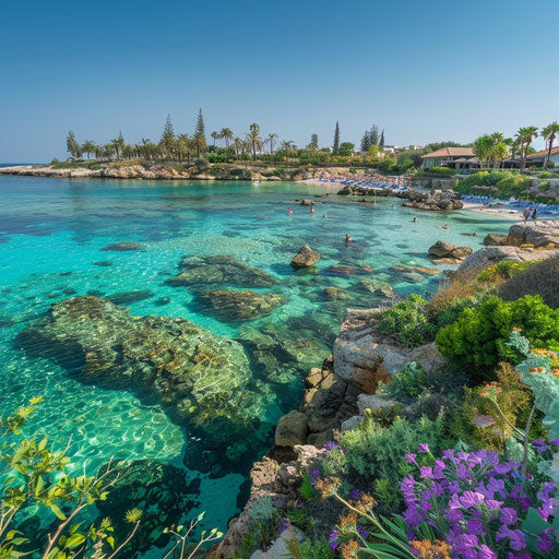 Nissi Beach, Cyprus with clear waters and lush greenery
