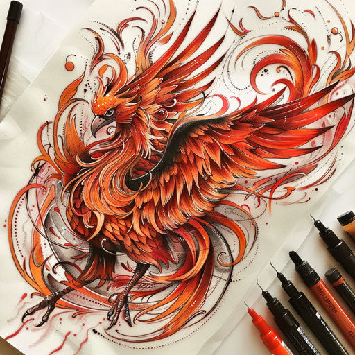 Artistic single needle tattoo sketch depicting a phoenix rising