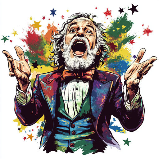Humorous caricature of a Giuseppe Verdi clipart with human characteristics, exaggerated open mouth, muscular arms, surrounded by stars, vibrant colors, cartoon style, surprised, high-resolution, no background, isolated -c 40