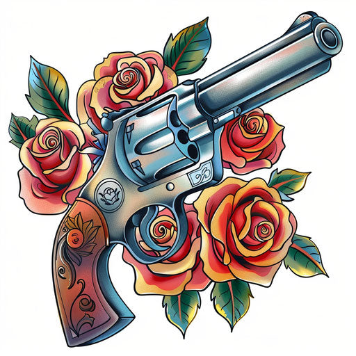 Classic revolver with roses, American tattoo style