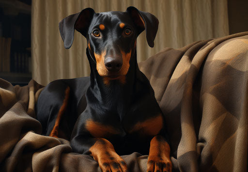 A black and tan doberman standing on a couch with a blanket