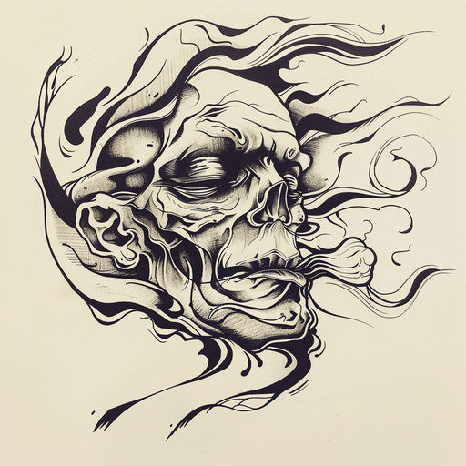 Dynamic flat tattoo sketch of a shrunken head with abstract swirling smoke