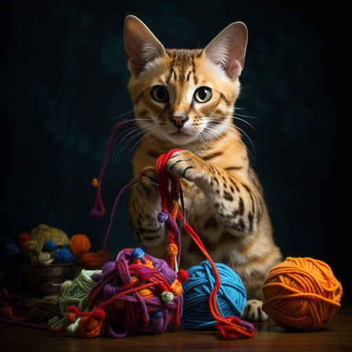 A serval cat playing with yarn