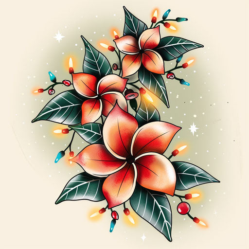 Festive flat tattoo sketch of plumeria with holiday lights