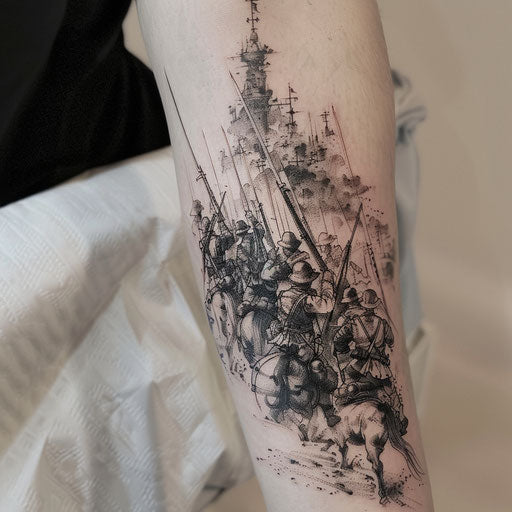 Intricate black ink tattoo of a battlefield scene with soldiers