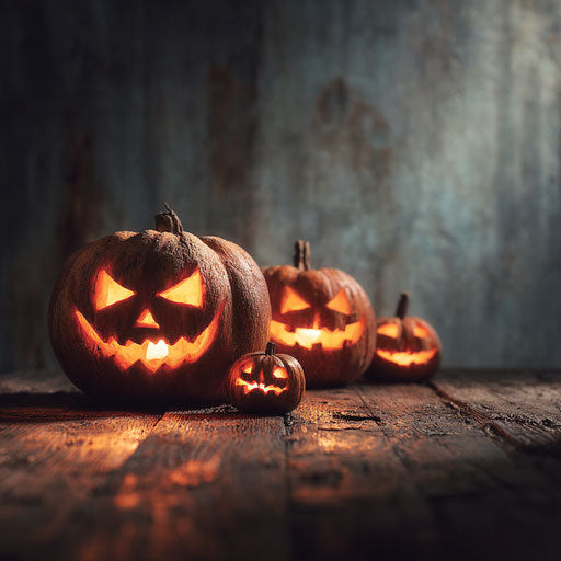Three Carved Pumpkins on a Dark Wooden Surface