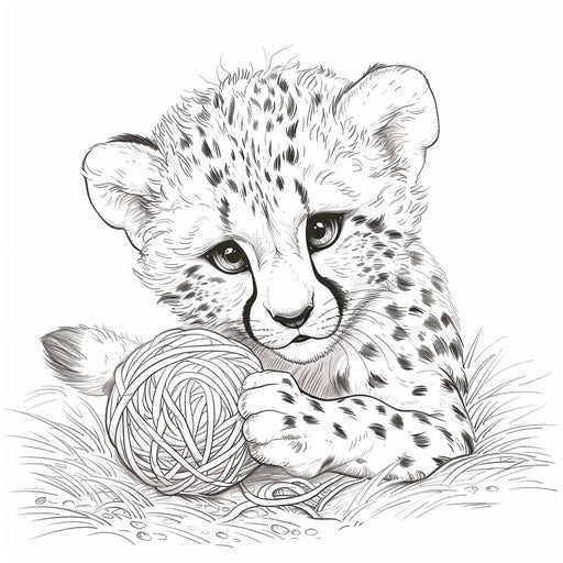 A playful cheetah cub playing with a ball of yarn