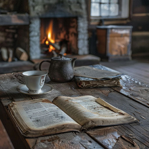 Open book and tea cup on wooden table with cozy fireplace