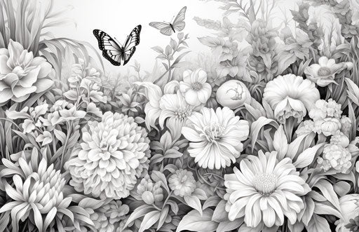 Flowerscape with colorful butterflies in background