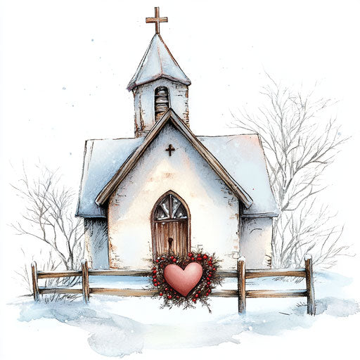Rustic hand-painted church with wooden cross and heart wreath
