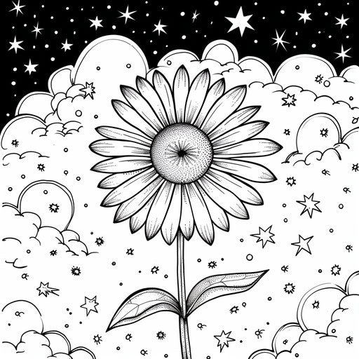 Daisy with whimsical clouds and stars