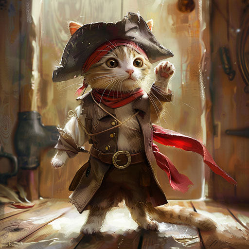 A small cat dressed as a pirate in a room