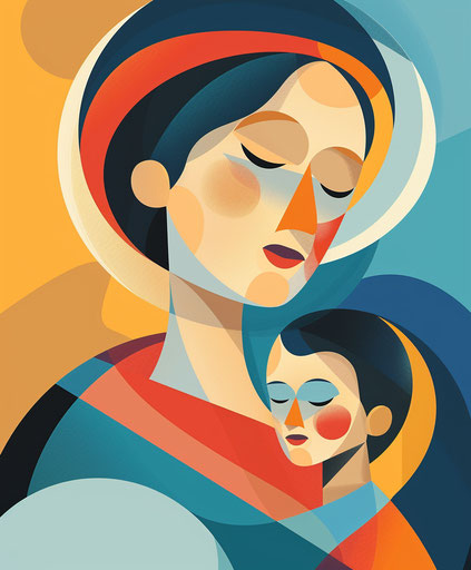 Two blue figures, left and right, simplistic vector art style