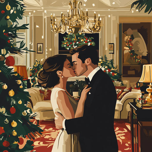 Kiss under mistletoe in decorated living room