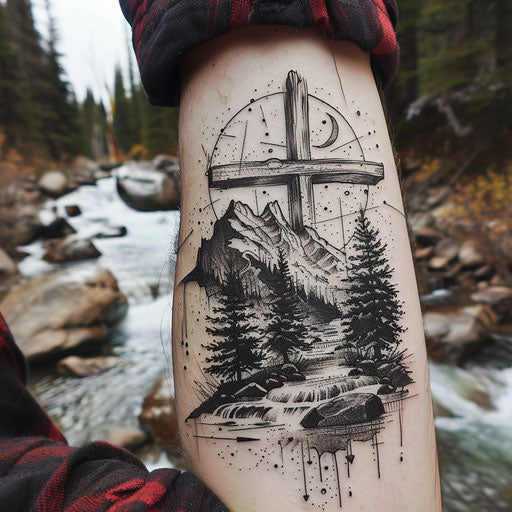 Rustic flat tattoo sketch of a wooden cross against a rugged mountain scene