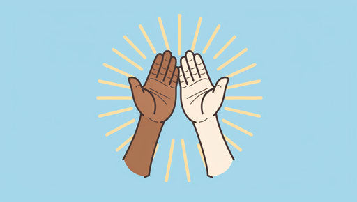 United in diversity, two hands high-fiving under a blue sky