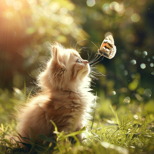 Himalayan kitten playing with a butterfly in a sunny garden