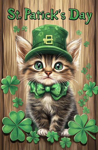 Adorable kitten with green hat surrounded by clovers